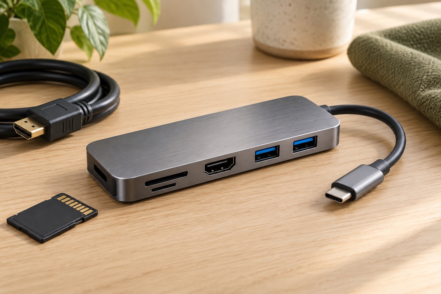 Ilustración editorial para comparar hubs USB-C
