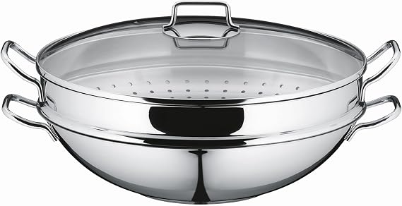 Wok WMF Macao de acero inoxidable pulido con tapa, rejilla y accesorio de vapor