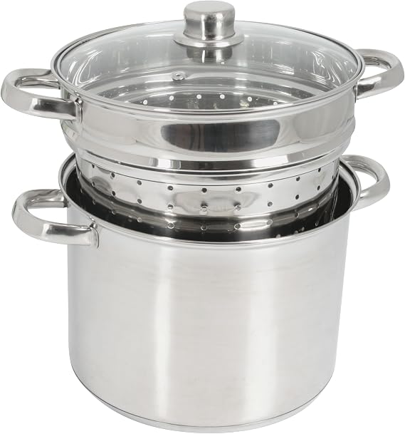 Olla Crealys Olympe de acero inoxidable de 8 litros con cesta perforada y tapa de vidrio