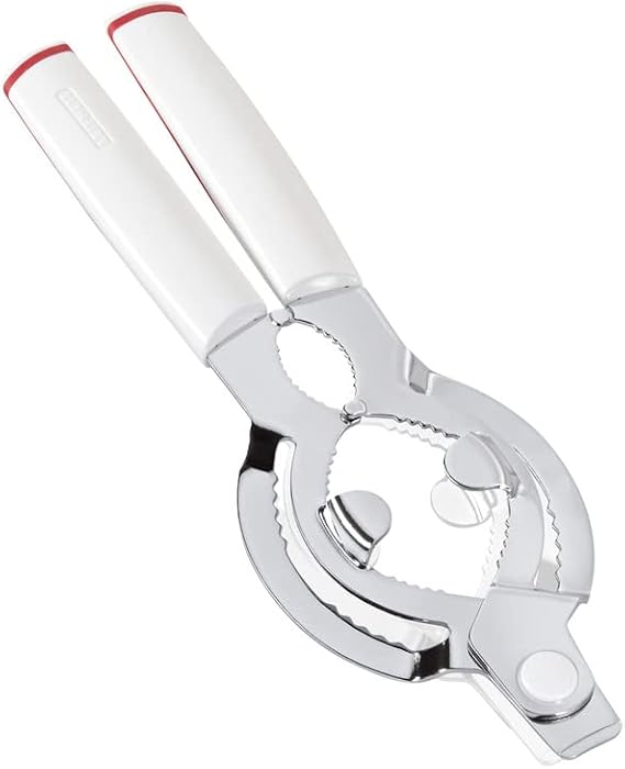 Abridor Leifheit ComfortLine blanco y rojo con dos mangos y zonas metálicas de agarre