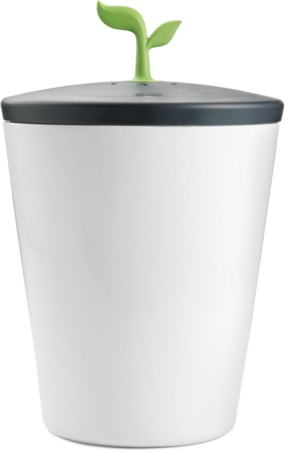 Cubo Chef'n EcoCrock de cerámica blanca con tapa negra y pomo verde en forma de brote