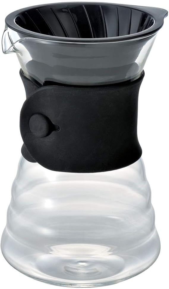 Cafetera Hario de filtro manual con servidor de vidrio transparente y cono negro V60 colocado encima
