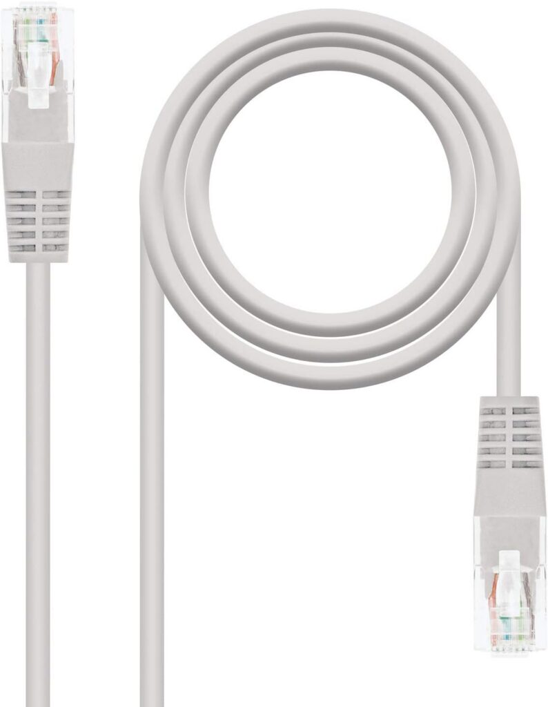 Cable Ethernet NANOCABLE blanco enrollado con dos conectores RJ45 transparentes