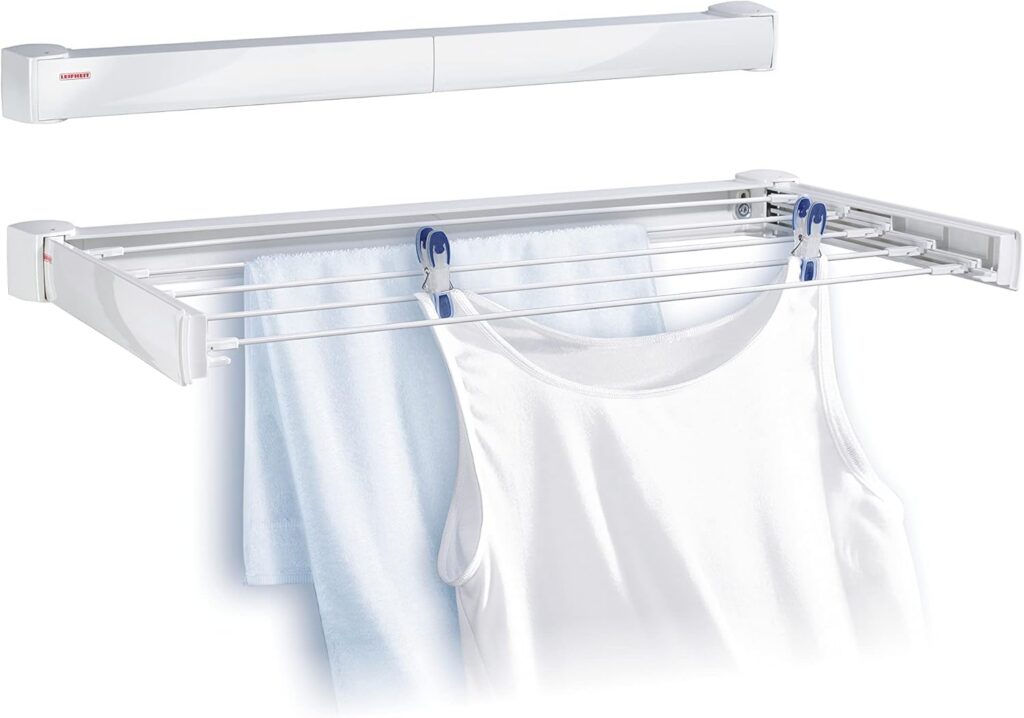 Tendedero de pared Leifheit Telegant 30 Protect blanco abierto con toallas