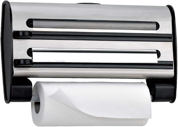 Dispensador Emsa triple de acero inoxidable con dos ranuras de corte y rollo de papel de cocina
