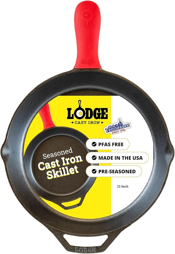 Sartén Lodge de hierro fundido de 12 pulgadas con mango rojo de silicona