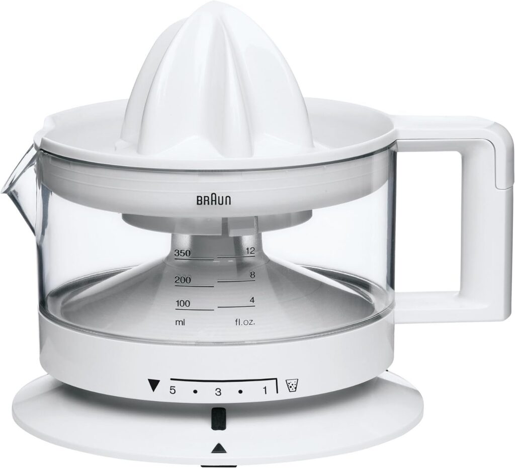 Exprimidor eléctrico Braun CJ3000 blanco con cono y bol graduado transparente de 350 ml