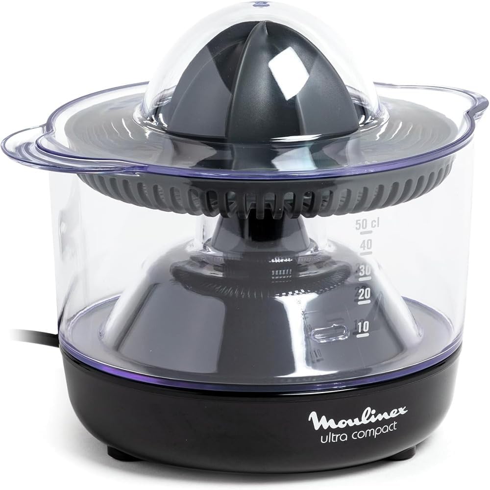 Exprimidor eléctrico Moulinex Ultracompact negro con jarra transparente, cono y tapa