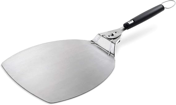 Pala para pizza Weber de acero inoxidable con mango negro plegable y aro para colgar