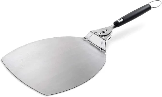 Pala para pizza Weber de acero inoxidable con mango negro plegable y aro para colgar