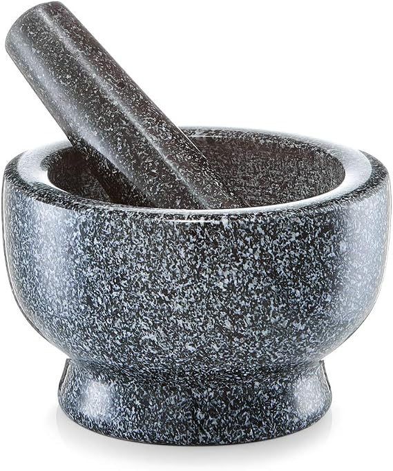 Mortero Zeller de granito gris moteado con cuenco ancho y mano