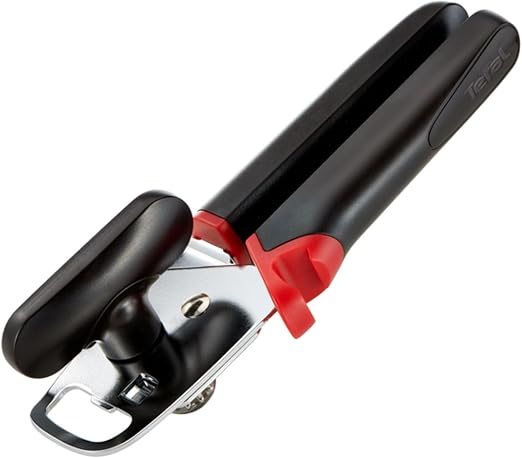 Abrelatas Tefal Ingenio negro y rojo con manivela, mangos y pieza abrebotellas