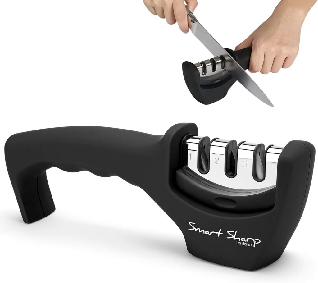 Afilador Lantana Smart Sharp negro de tres etapas con mango y base antideslizante