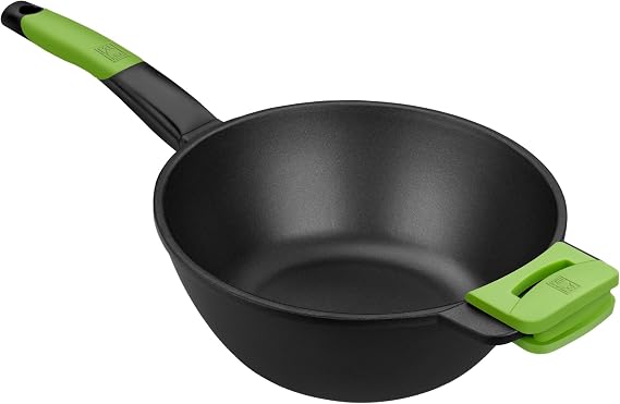 Wok BRA Prior de 28 cm negro con mango largo y agarres verdes