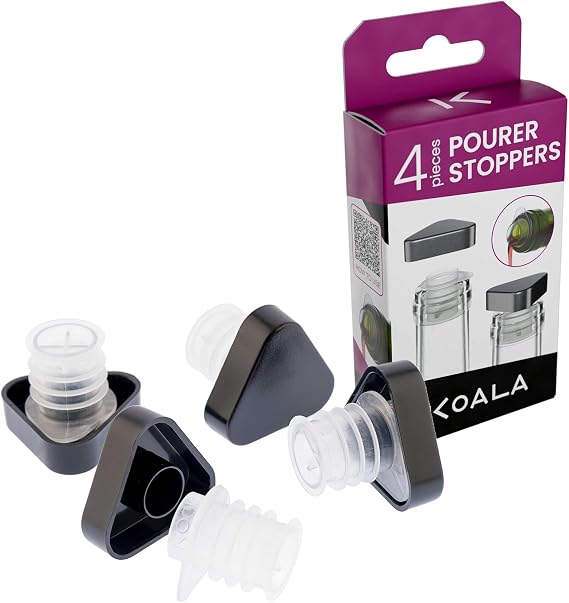 Cuatro vertedores Koala transparentes con tapas negras y envase del conjunto