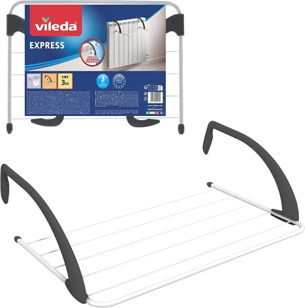 Tendedero Vileda Express blanco con brazos ajustables sobre un radiador