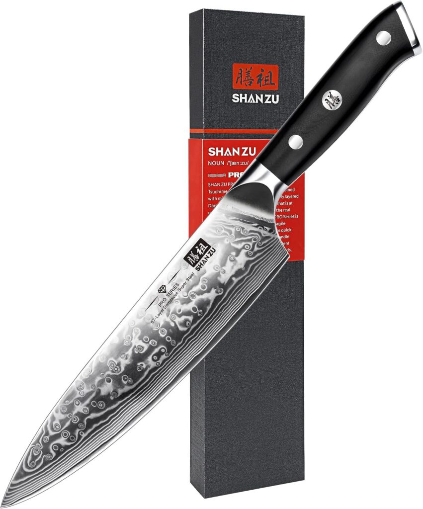 Cuchillo de chef SHAN ZU de Damasco de 20 cm con mango G10 negro