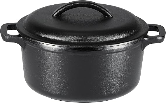 Cocotte redonda negra Amazon Basics de hierro fundido con tapa y asas laterales