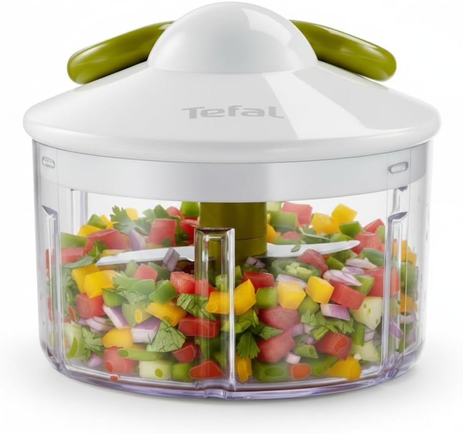 Picadora manual Tefal 5 Segundos blanca y verde con recipiente transparente y cuerda