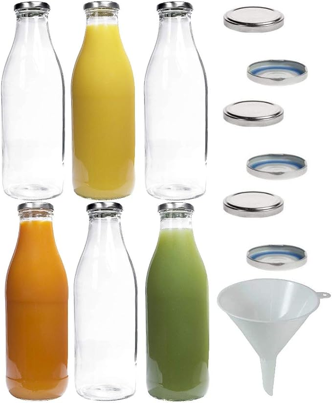 Seis botellas mikken de vidrio con tapones roscados plateados, tapas extra y embudo