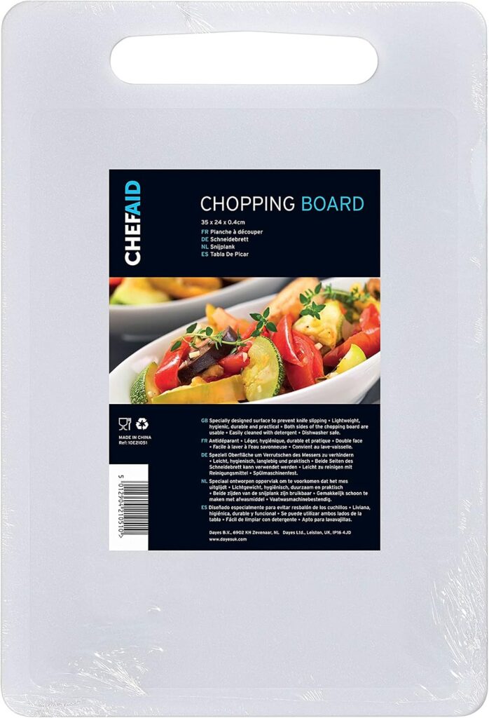 Tabla Chef Aid blanca de polietileno de 35 por 24 cm con asa