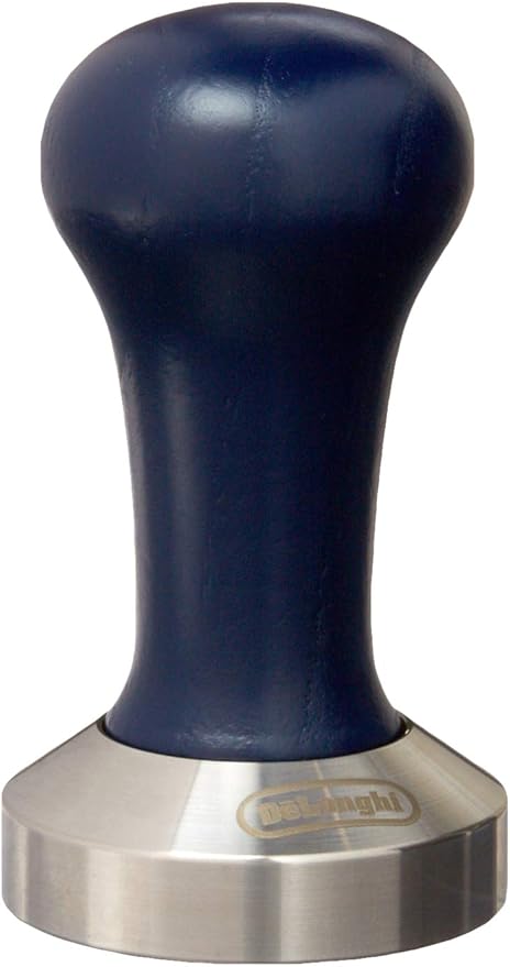 Prensador De'Longhi de 51 milímetros con base metálica plateada y mango azul oscuro