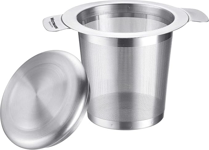 Infusor Westmark Teatime de acero inoxidable 18/8 con cestillo cilíndrico, asas laterales y tapa