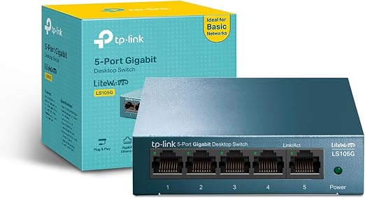 Switch TP-Link LS105G de cinco puertos junto a su caja