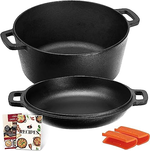 Cocotte Overmont negra de hierro fundido con tapa usada como sartén y protectores de asas