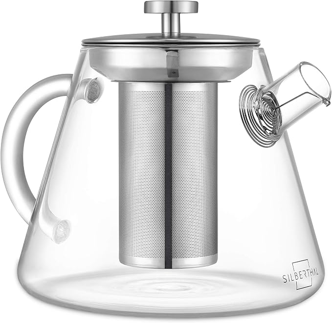 Tetera SILBERTHAL de vidrio borosilicato de 1,5 litros con tapa metálica, filtro largo y filtro espiral en el pico