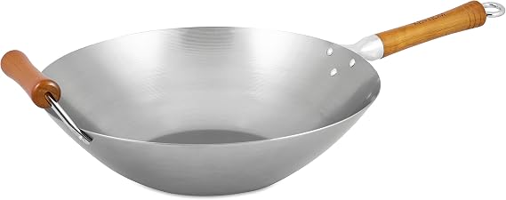 Wok Ken Hom Excellence de acero al carbono de 36 cm con base plana y dos mangos de madera