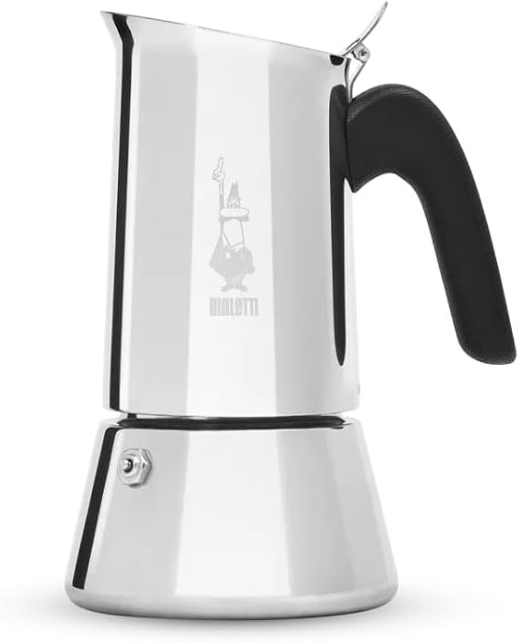 Bialetti Venus de acero inoxidable con asa negra y tapa levantada