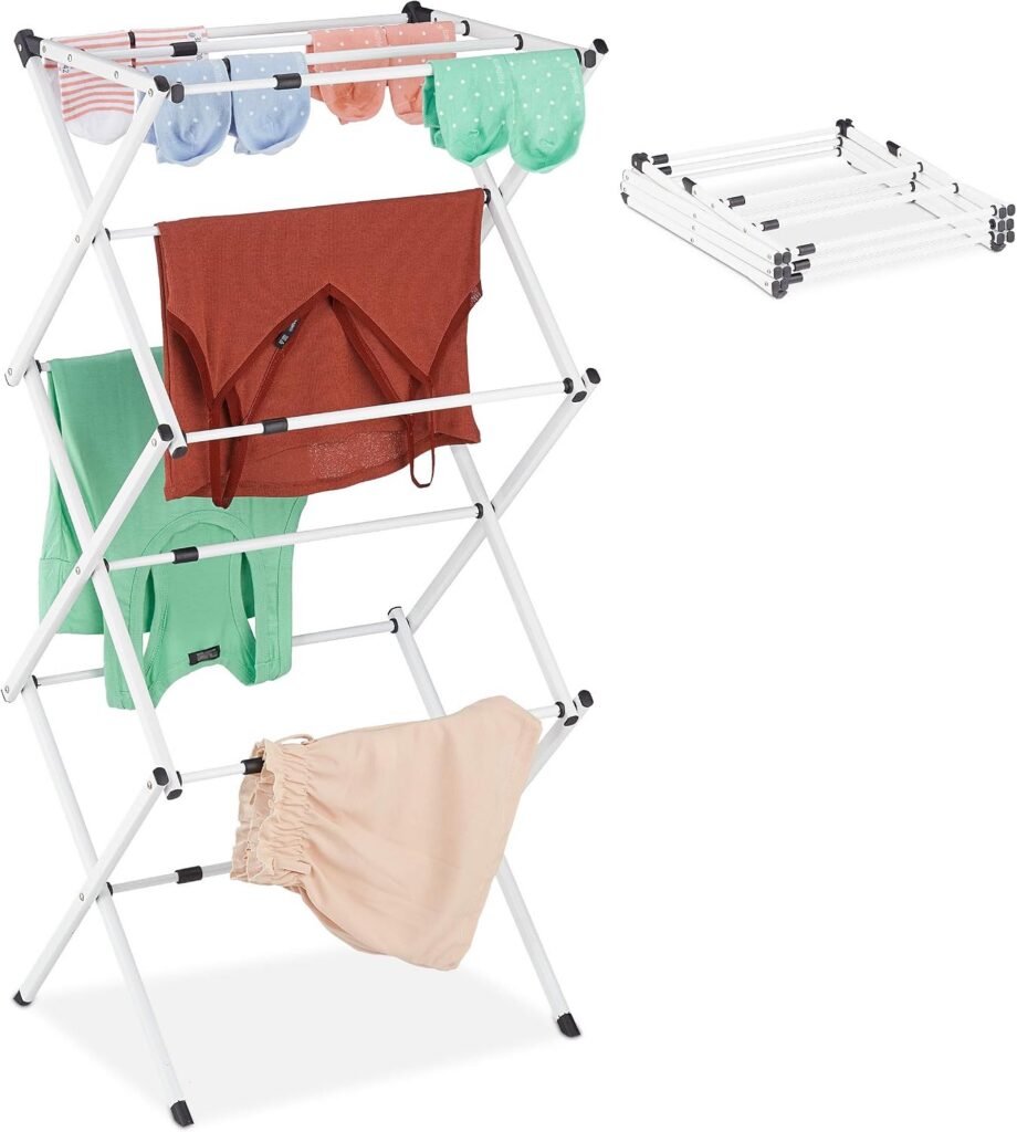 Tendedero vertical Relaxdays blanco de seis niveles plegado y desplegado