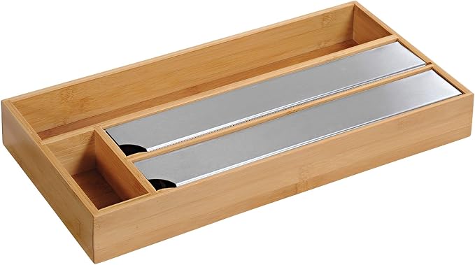 Dispensador Kesper de bambú para cajón con dos tapas metálicas de corte y un compartimento adicional