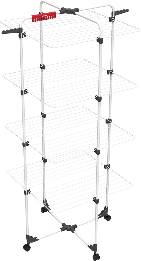 Tendedero vertical Vileda Mixer 4 blanco con cuatro niveles y alas abiertas