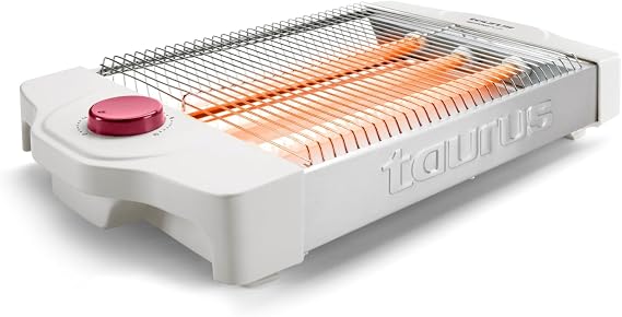 Tostadora plana Taurus Neptuno Plus blanca, con rejilla metálica, resistencias visibles y mando rojo