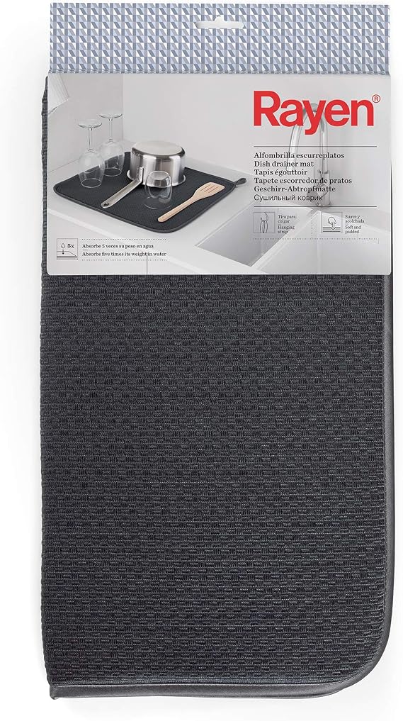 Alfombrilla Rayen gris oscura con embalaje y borde cosido