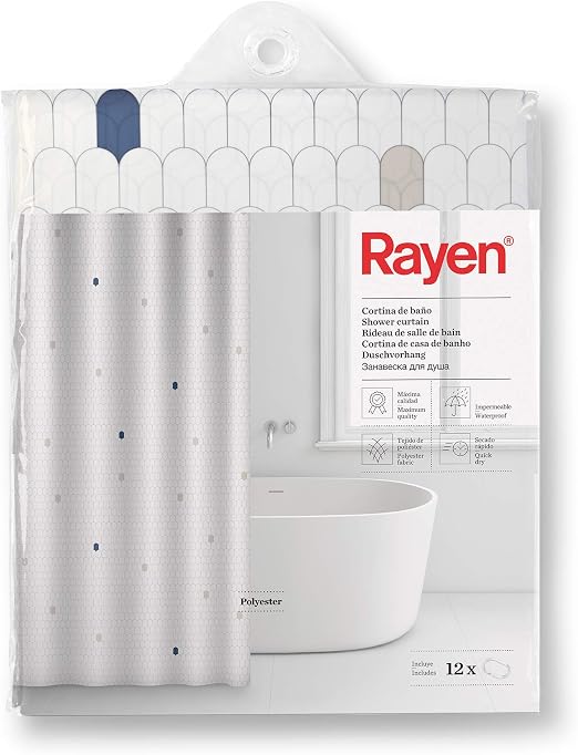 Cortina Rayen blanca con celdas azules en su embalaje