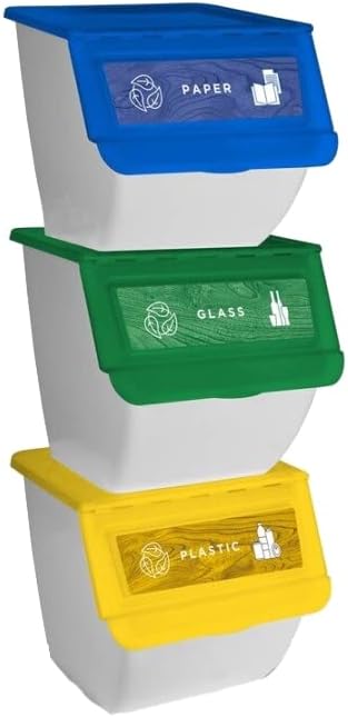 Tres cubos DRW blancos apilados con tapas azul, verde y amarilla
