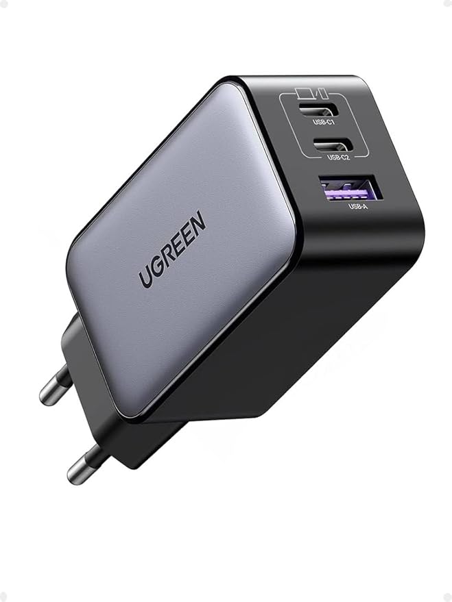 Adaptador UGREEN Nexode gris de 65 W con dos puertos USB-C y un USB-A