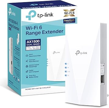 TP-Link RE500X blanco con su caja y puerto Ethernet lateral