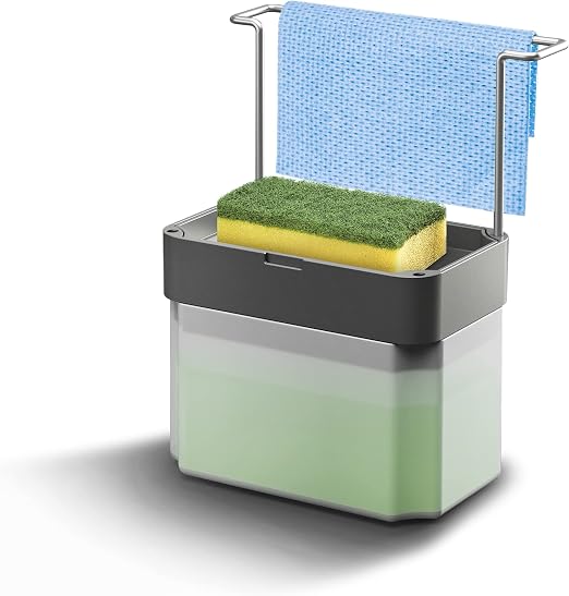 Dispensador Metaltex gris con bandeja superior para esponja y barras para colgar una bayeta