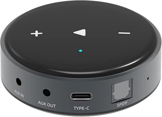 WiiM Mini negro con entradas AUX, salida AUX, USB-C y salida óptica