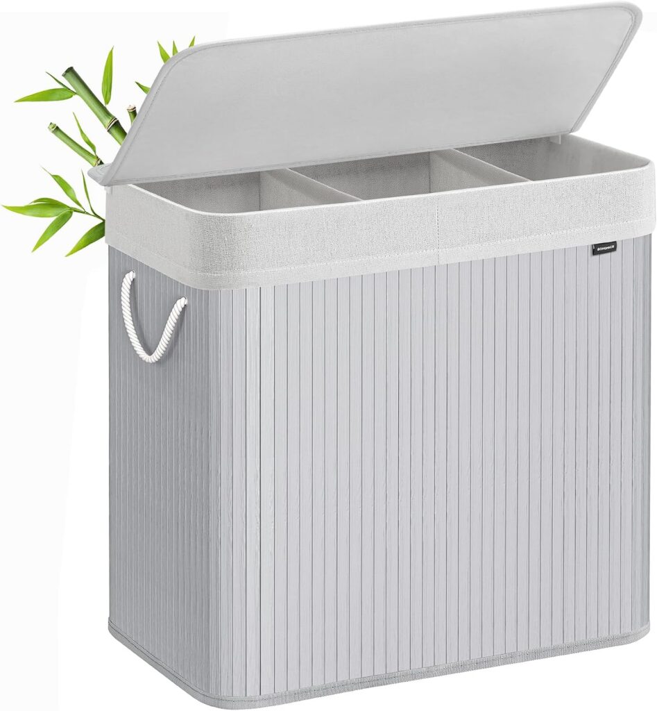Cesto SONGMICS de 150 litros con tres compartimentos y tapa de bambú