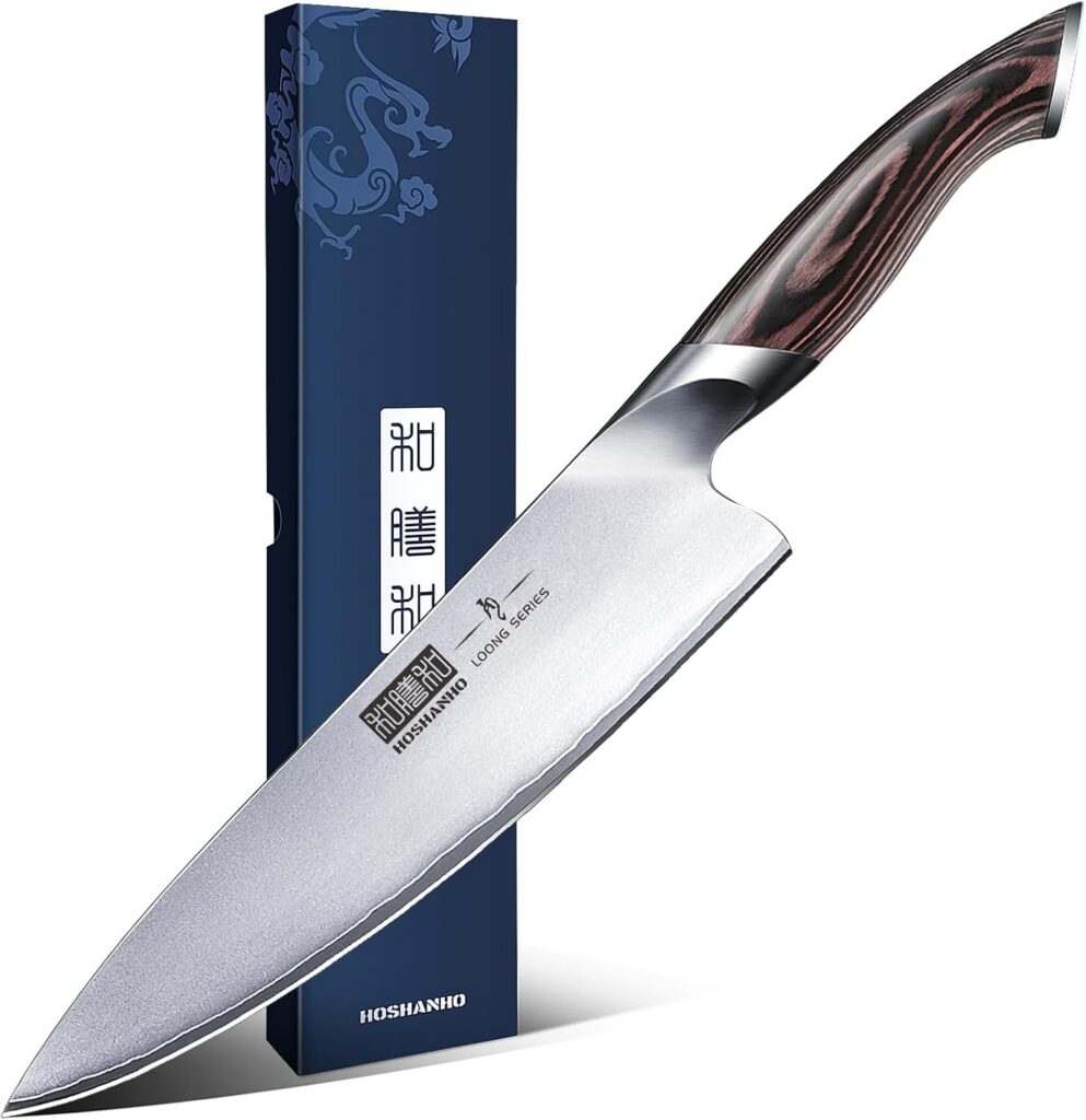 Cuchillo de chef HOSHANHO de 20 cm con hoja mate y mango de madera veteado