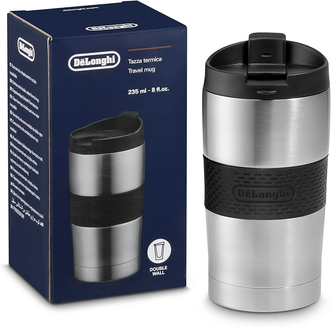 Taza térmica De'Longhi DLSC074 de acero inoxidable de 235 ml con tapa negra, banda de silicona y caja