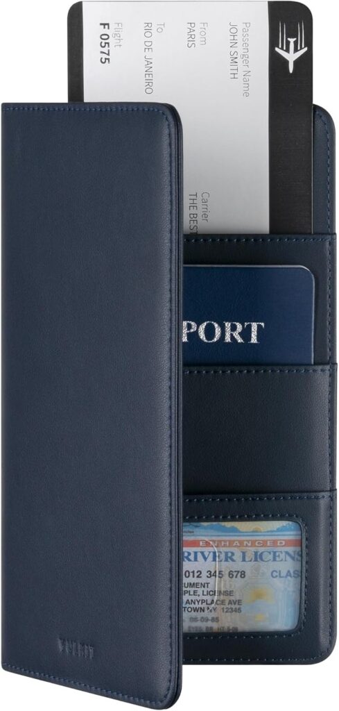 Cartera VULKIT azul marino abierta con pasaporte y varias tarjetas