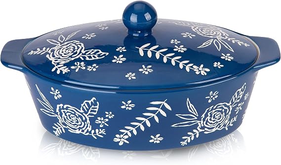 Cazuela ovalada Wisenvoy de cerámica azul esmaltada con tapa decorada y asas