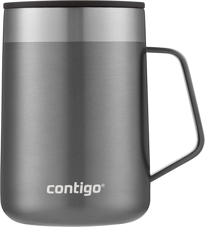 Taza térmica Contigo Streeterville de acero inoxidable con tapa plana, asa lateral y acabado gris