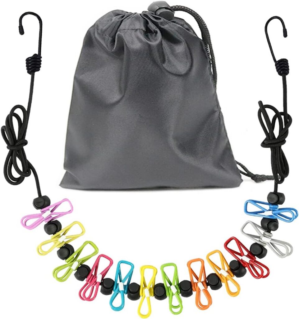 Cuerda de tender retráctil portátil con 12 pinzas de colores y bolsa
